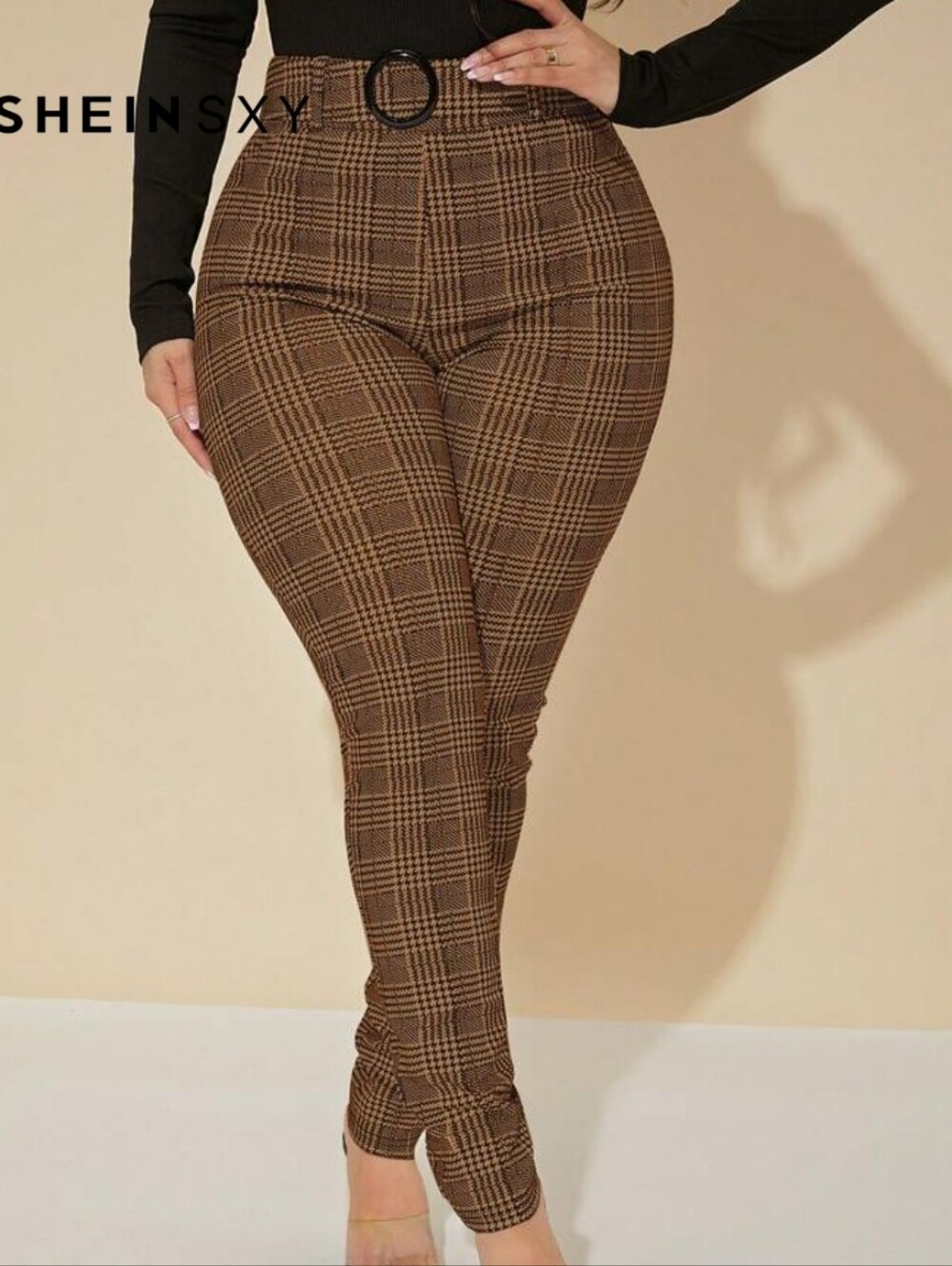 SHEIN Brown Plaid High-Waist Skinny Trousers with Belt, Size XS, NWOT